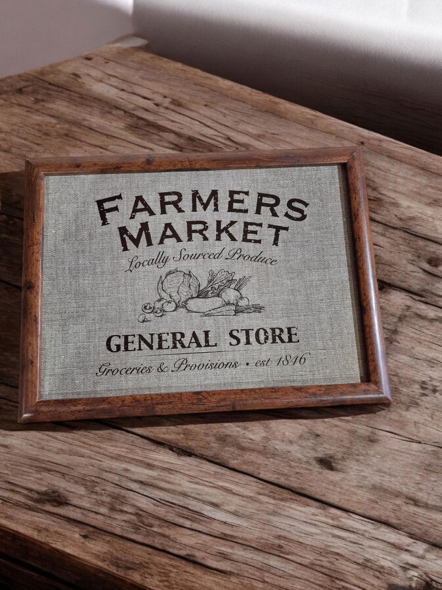 Framed print lap tray of a vintage general store design, featuring a building illustration, "Groceries & Provisions," and "est. 1846".