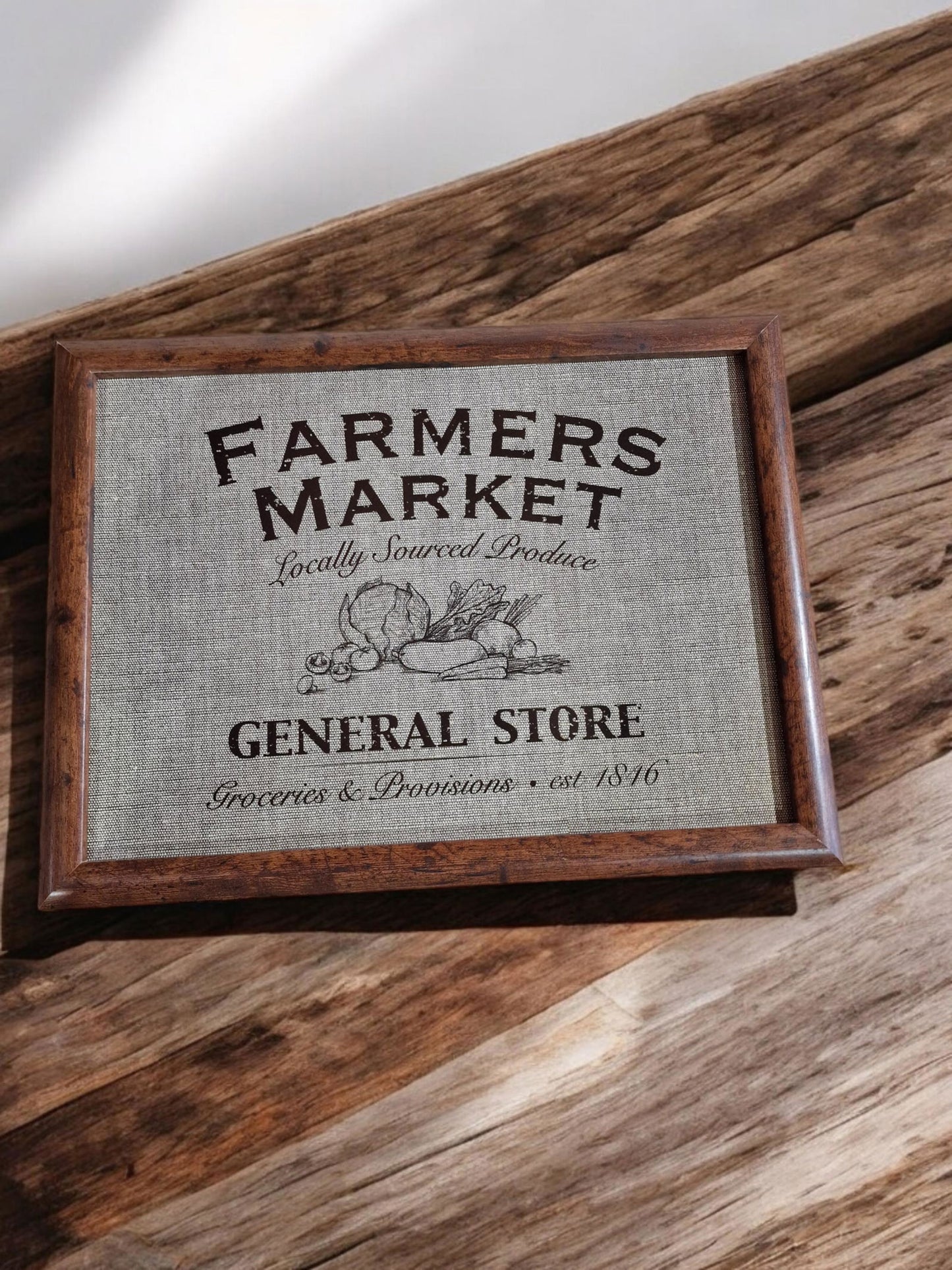 Framed print lap tray of a vintage general store design, featuring a building illustration, "Groceries & Provisions," and "est. 1846".