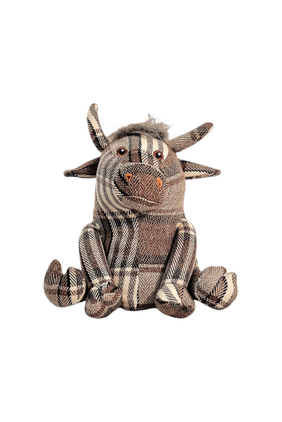 Grey tartan fabric bull doorstop with soft horns and button eyes, used as a charming and functional home decor accessory